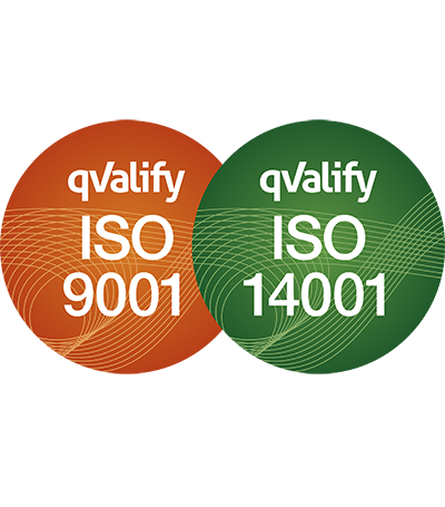 Logotyper för ISO-certifieringarna ISO 9001 och ISO 14001